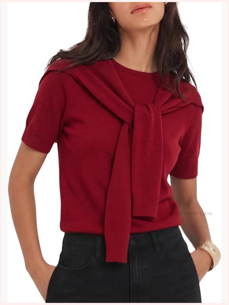 Shawl Knit Top Crew Neck Short Sleeve Cropped Pullover Trendy Casual Sweater Tee